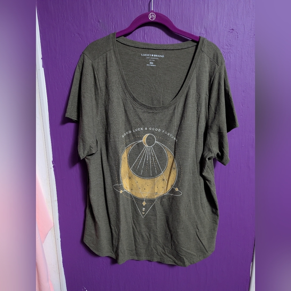 💜 Lucky Brand Green GOOD LUCK & GOOD FORTUNE Graphic Tee XXL 16 18 20